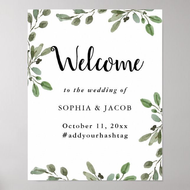 Simple Watercolor Greenery | Wedding Welcome Poster (Front)