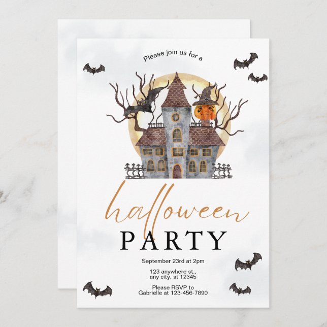 Simple Watercolor Halloween Party Invitation (Front/Back)