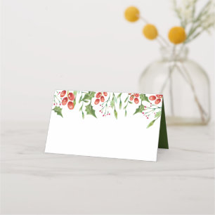 Simple Watercolor Holly Berry Foliage   Holiday Place Card
