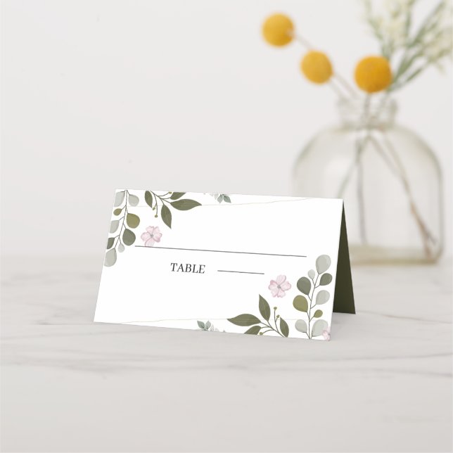Simple Watercolor Leaves And Flowers  Place Card (Front)