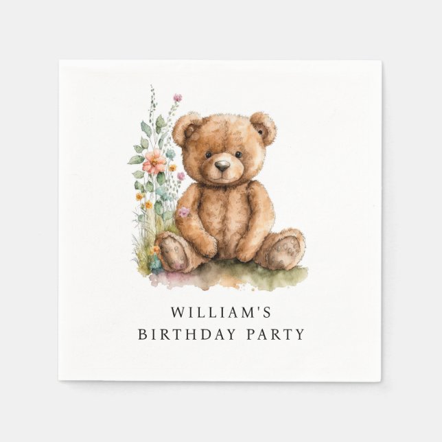 Simple Watercolor Little Teddy Bear Birthday Napkin (Front)