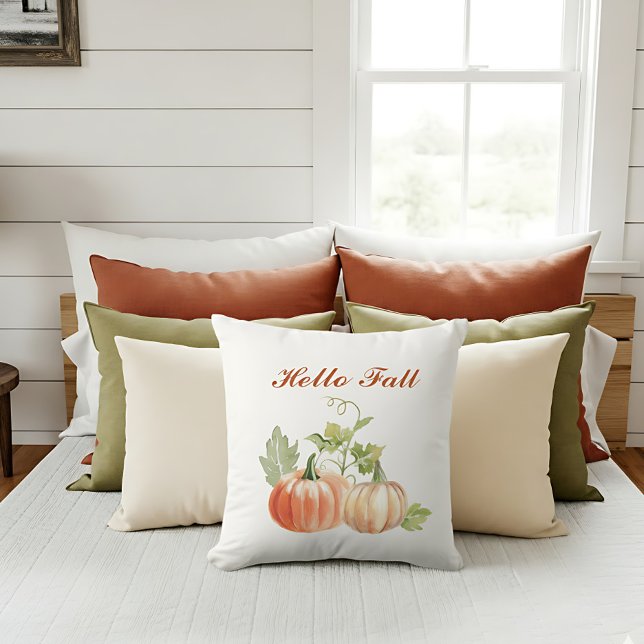 Simple Watercolor Modern Fall Accent Cushion (“Hello Fall” pillow with watercolor pumpkins decorates a bright autumn-inspired sofa.)