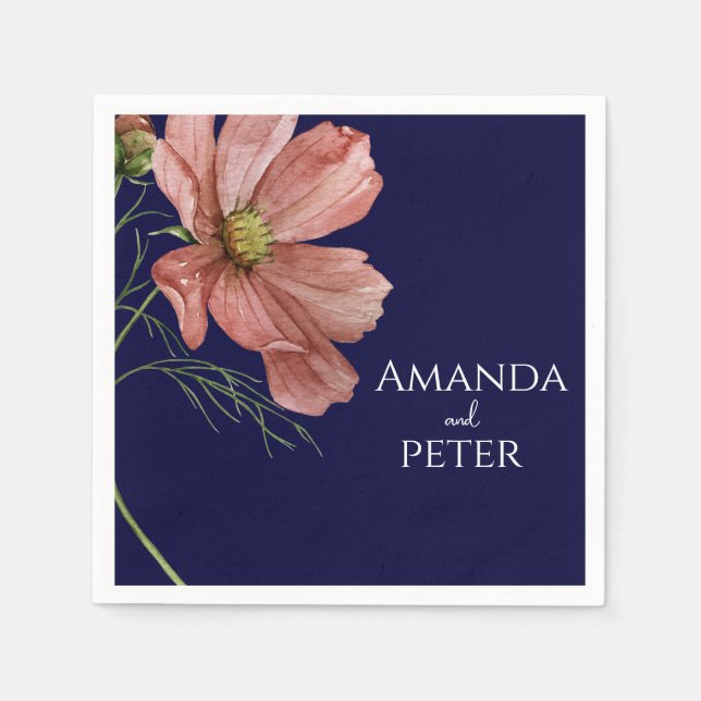 Simple Watercolor Navy Floral Wedding  Napkin (Front)