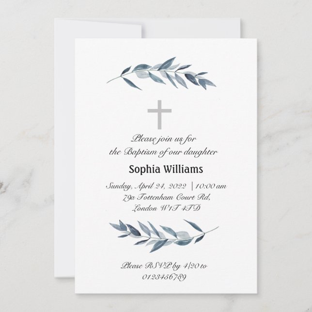 Simple watercolor olive branch Baptism  Invitation (Front)