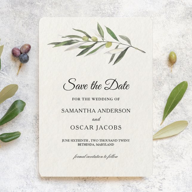 Simple Watercolor Olive Green Branch Save The Date (Creator Uploaded)