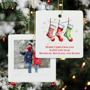 Simple Watercolor Photo Christmas Stockings Ceramic Ornament