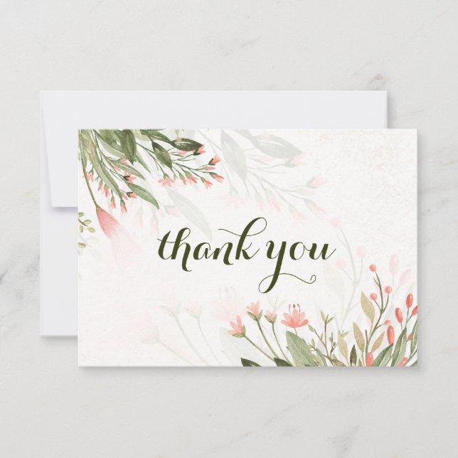 Simple Watercolor Pink Flower Garden Wedding Thank You Card (Front)