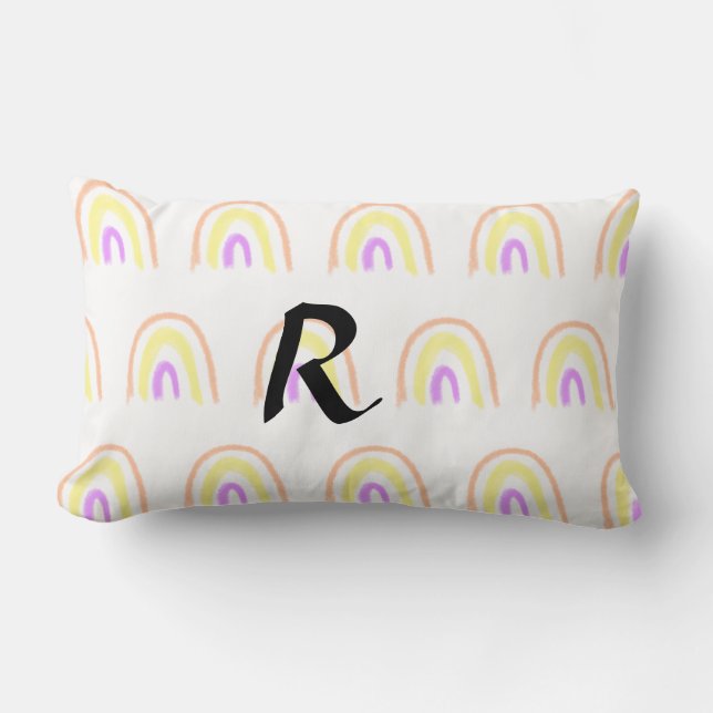 Simple watercolor rainbow pattern add monogram tex lumbar cushion (Front)