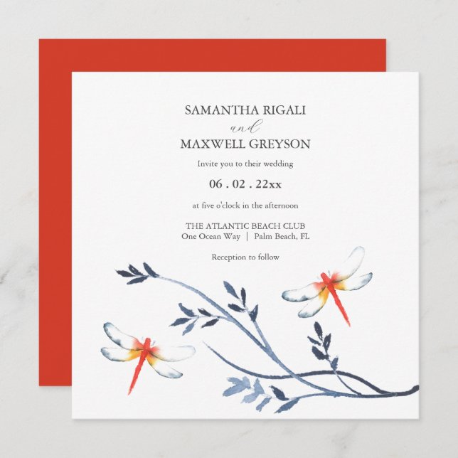 Simple Watercolor Red Dragonfly Wedding Invite (Front/Back)