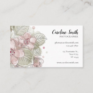 Simple, Watercolor Rose & Green Flowers drawing Business Card
