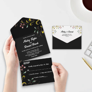 Simple Watercolor Rose Leaves Black Floral Wedding All In One Invitation