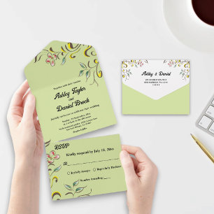 Simple Watercolor Rose Leaves Green Floral Wedding All In One Invitation