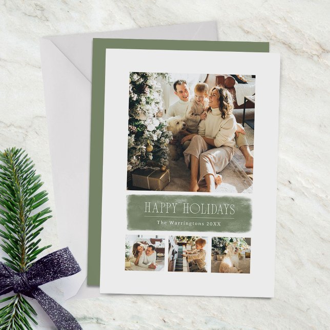 Simple Watercolor Sage Green Holiday Collage  (4-photo holiday card with grid layout and sage green watercolor wash.)