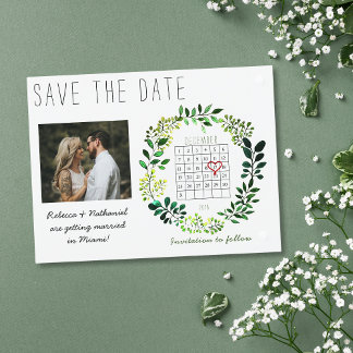Simple Watercolor Save the Date Calendar Heart Announcement Postcard