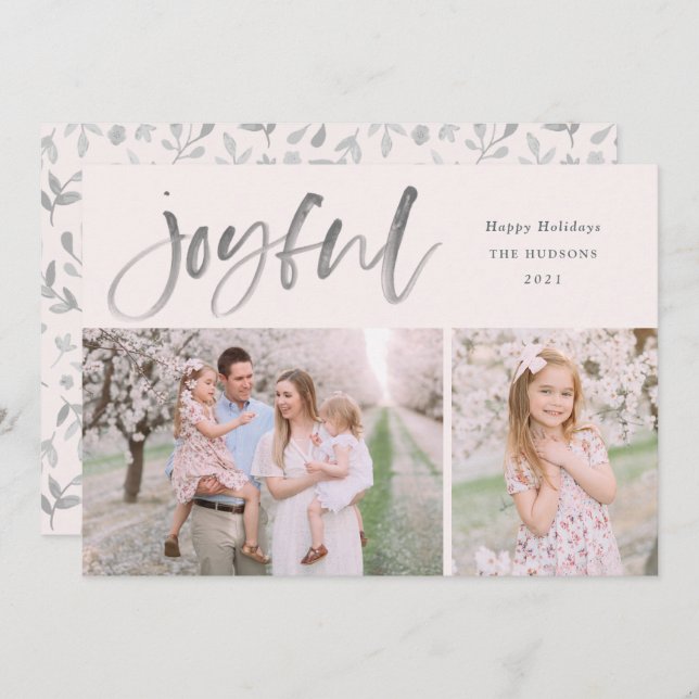  Simple Watercolor Script Joyful Christmas Photo Holiday Card (Front/Back)