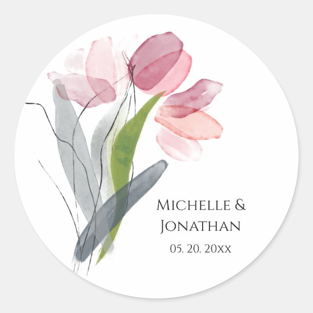 Simple Watercolor Spring Pink Tulips Wedding Classic Round Sticker (Front)