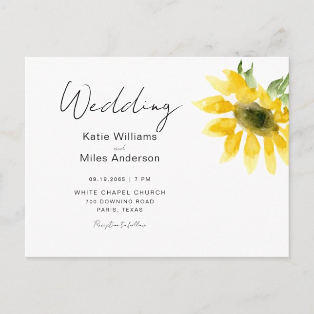 Simple Watercolor Sunflower Wedding Invitation Postcard (Front)