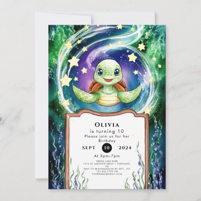 Simple Watercolor Turtle Birthday Invitation (Front)