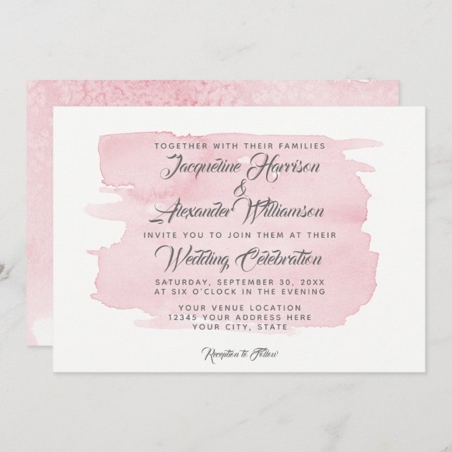 Simple Watercolor Wash Pink Brush Strokes Modern Invitation (Front/Back)