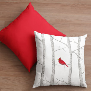 Simple Watercolor Woodland Red Cardinal Birch Tree Cushion