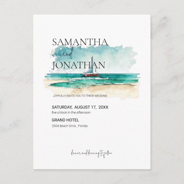 Simple & watercolour cruise sailboat illustration  announcement postcard (Front)