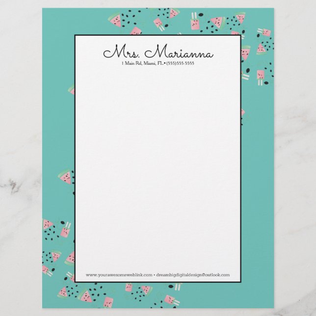 Simple Watermelon Ice Cream Pattern Custom Letterhead (Front)