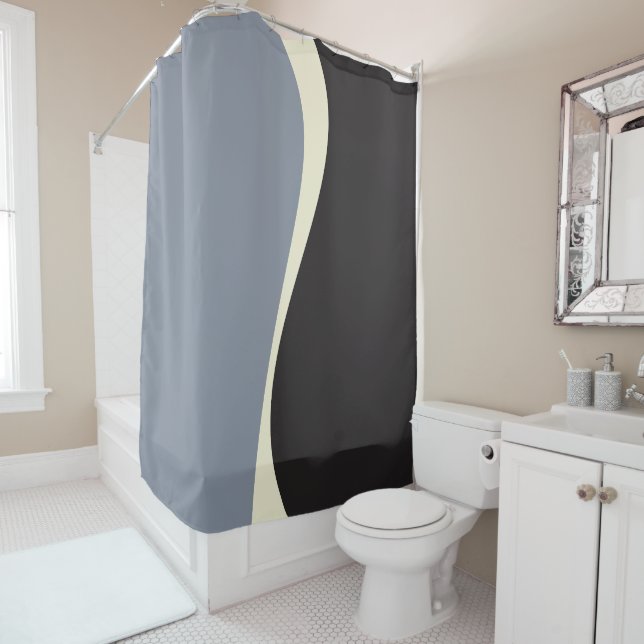 Simple Waves 2 in Black, Grey and Cream Shower Curtain (In Situ)