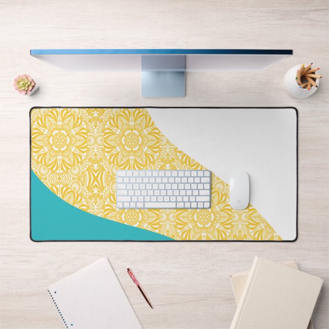 Simple Waves - Floral Pattern Turquoise and Yellow Desk Mat (Office 1)