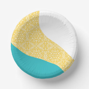 Simple Waves - Floral Pattern Turquoise and Yellow Paper Plate