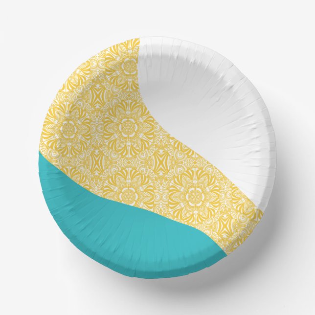 Simple Waves - Floral Pattern Turquoise and Yellow Paper Plate (Front)