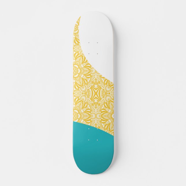Simple Waves - Floral Pattern Turquoise and Yellow Skateboard (Front)