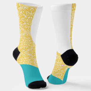 Simple Waves - Floral Pattern Turquoise and Yellow Socks