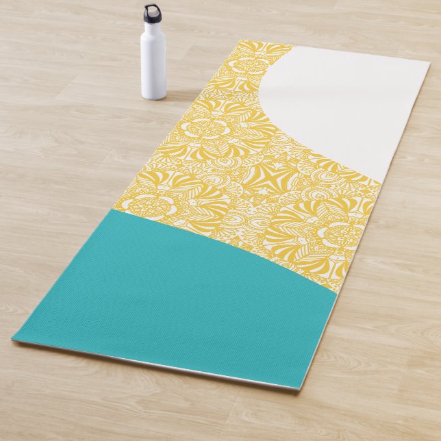 Simple Waves - Floral Pattern Turquoise and Yellow Yoga Mat (In Situ)
