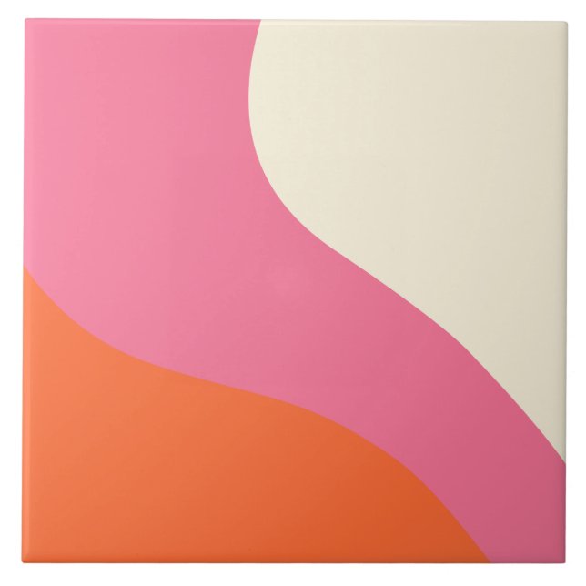 Simple Waves - Pink, Orange and Cream  Ceramic Tile (Front)