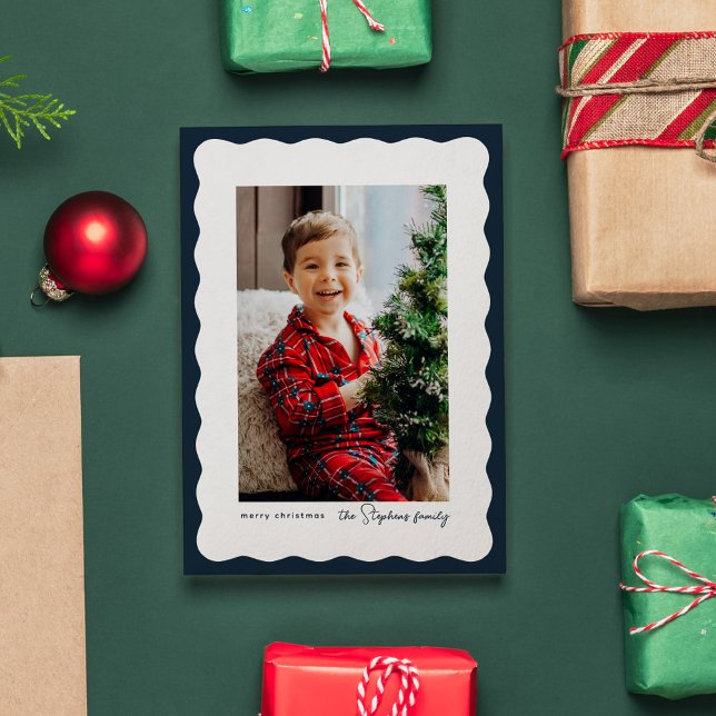 Simple wavy frame navy Christmas photo Holiday Card (Creator Uploaded)