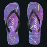Simple Wavy Gold Lines Purple Wedding Bride Thongs<br><div class="desc">These personalised flip flops feature a simple wavy gold lines and sparkles pattern on the purple background. The beautiful flip flops are a memorable gift for wedding party members: bride, bridesmaids, mother of the bride, maid of honour... They will add a stylish dose of glam to your wedding day, bachelorette party, or other...</div>