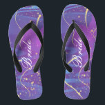 Simple Wavy Gold Lines Purple Wedding Bride Thongs<br><div class="desc">These personalised flip flops feature a simple wavy gold lines and sparkles pattern on the purple background. The beautiful flip flops are a memorable gift for wedding party members: bride, bridesmaids, mother of the bride, maid of honour... They will add a stylish dose of glam to your wedding day, bachelorette party, or other...</div>