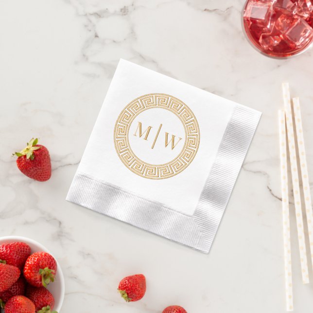 Simple Wedding 2 Initial Monogram VS Greek Key Fr Foil Napkins (Insitu (Strawberry))