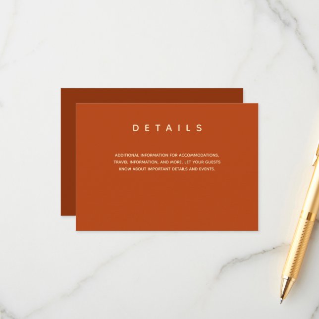Simple Wedding Burnt Orange Typography Details Enclosure Card (Front/Back In Situ)