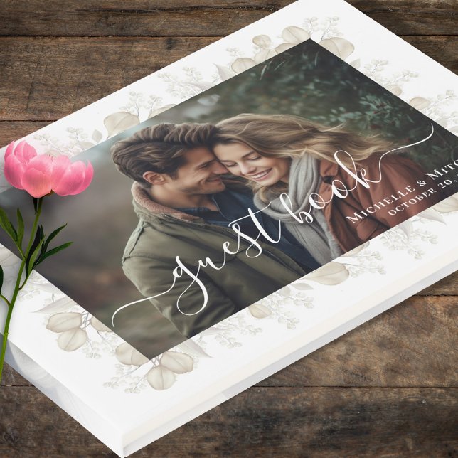 Simple Wedding Calligraphy Greenery Photo Guest Book (Wedding guest book with photo template. )