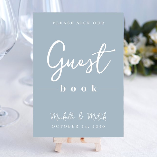 Simple Wedding Dusty Blue Calligraphy Guest Book (Create a simplistic elegant tabletop sign for your wedding reception. )