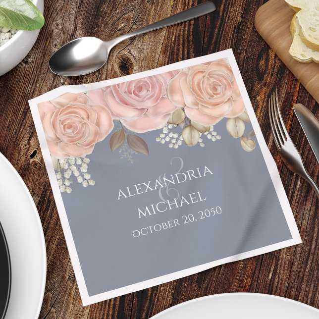 Simple Wedding Elegant Chic Blush Floral Blue  Napkin (Elegant dusty blue and rose gold floral design customized wedding napkin. )