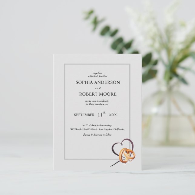 simple wedding invitation with wedding rings postcard (Standing Front)