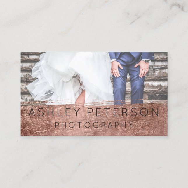 Simple wedding photography rose gold brushstroke business card (Front)