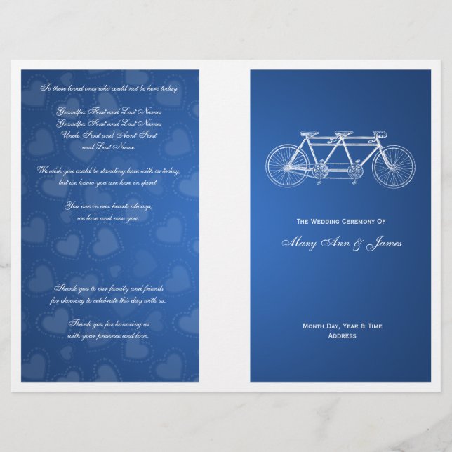 Simple Wedding Program Tandem Bike Blue (Front)