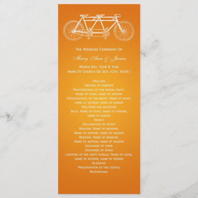 Simple Wedding Program Tandem Bike Orange (Front)