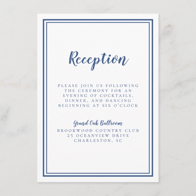 Simple Wedding Reception Blue Framed White Enclosure Card (Front)
