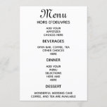 Simple wedding reception menu<br><div class="desc">These pretty menus are worded in a classy cursive script. The bride and groom's are on the back,  as well as the date. The word "Enjoy!" are between them. Personalise both sides. You can make them for any occasion.</div>