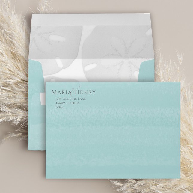 Simple Wedding Return Address Beach Sand Dollar Envelope (Simple turquoise blue envelope with sand dollars and return address.)