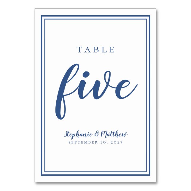 Simple Wedding Table Number Five Blue & White (Front)